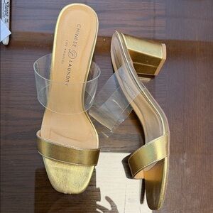 Chinese Laundry Metallic Gold Clear Strap Block Heel Mules